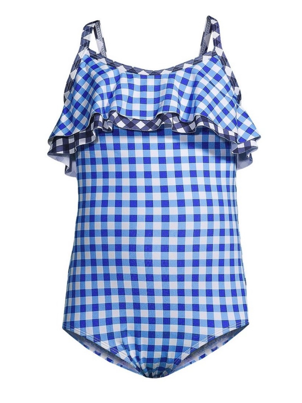 NWOT Draper James Lands End Blue and White Gingham Ruffle One-Piece Swimsuit